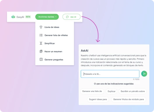 Pantalla de la función de inteligencia artificial EasyAI de la plataforma de e-learning Easygenerator.